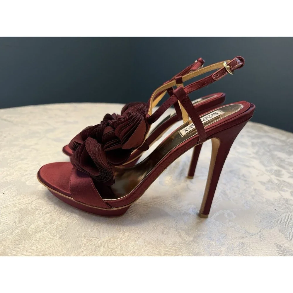 Badgley Mischka Heels Womens Randee Ruffle Flower Ankle Strap Satin Dark Red 10M
